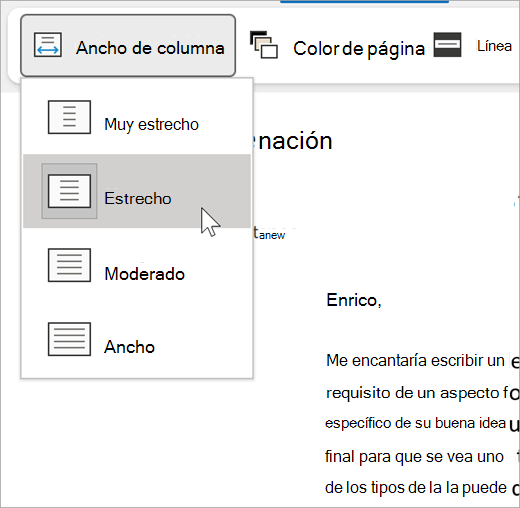 captura de pantalla de la lista desplegable de ancho de columna para lector inmersivo, las opciones son muy estrechas, estrechas, moderadas y anchas.