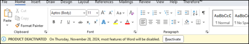 Banner de error de desactivación de Microsoft 365