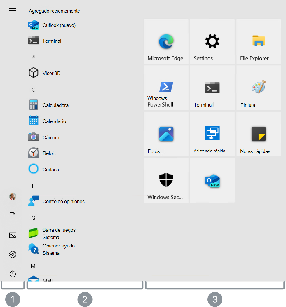 captura de pantalla del menú Inicio Windows 10 con las 3 áreas principales resaltadas.