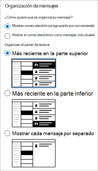 Captura de pantalla de la sección Configuración > diseño de correo> que muestra la sección Organización de mensajes