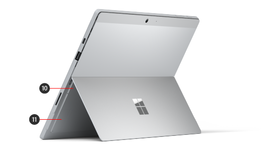 La parte posterior de un dispositivo Surface Pro 7+ con números que indican las características de hardware.