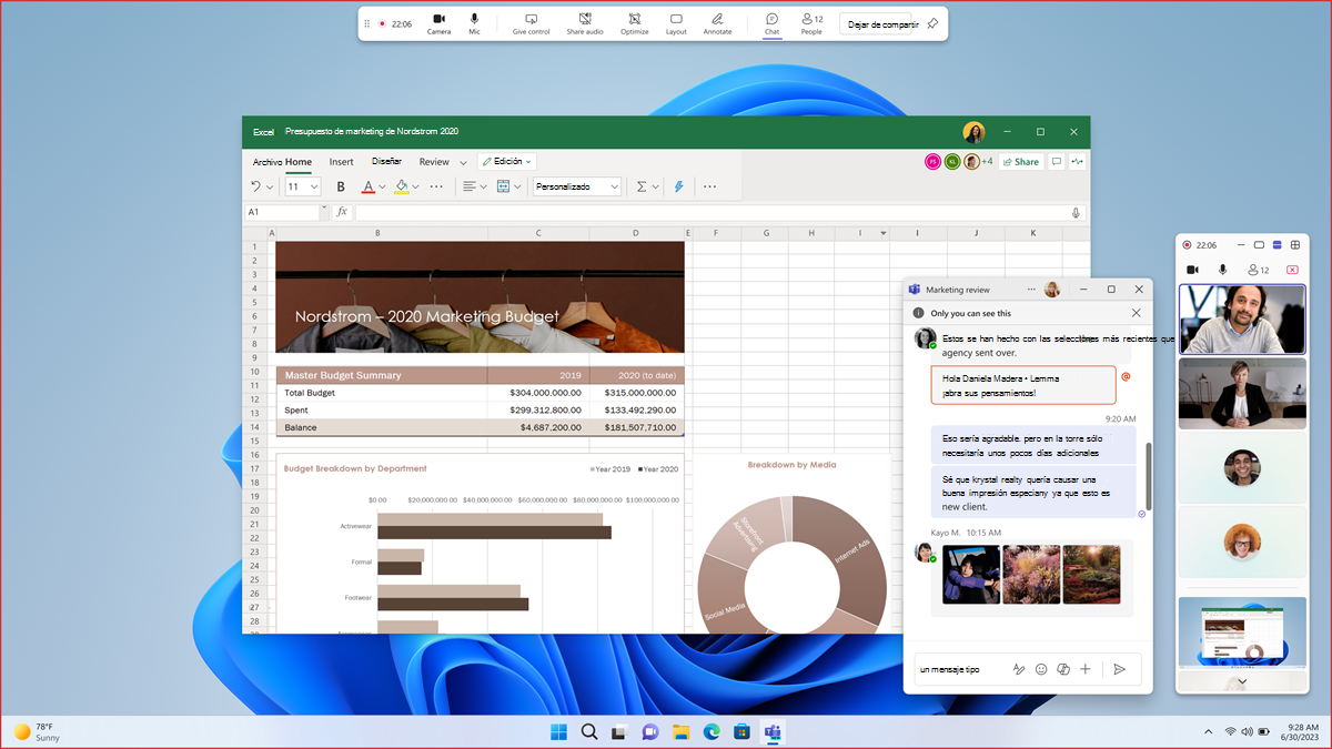 Captura de pantalla de la vista de un moderador mientras comparte su pantalla, con una ventana de reunión minimizada junto a su contenido compartido.