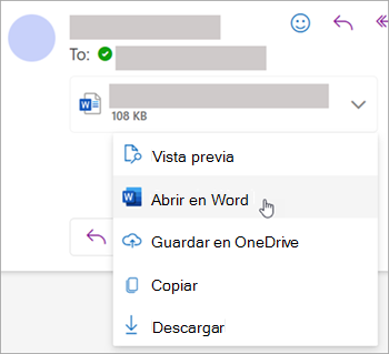 Captura de pantalla que muestra la lista desplegable para abrir datos adjuntos en Word