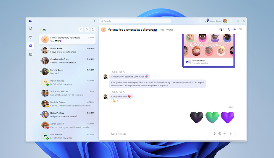 Captura de pantalla que muestra una interfaz rediseñada para Teams (gratis).