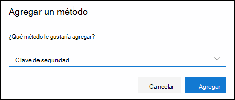 Cuadro Agregar método, con Clave de seguridad seleccionada