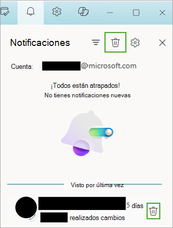 Usa el icono de notificaciones y, a continuación, selecciona Eliminar para mover las notificaciones