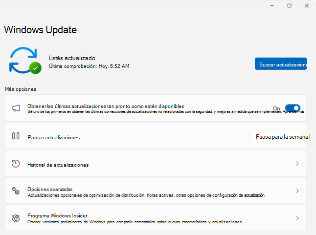 Recorte de pantalla de Configuración > Windows Update.