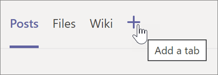 Captura de pantalla de la elección del signo más para agregar una pestaña en un canal de Teams