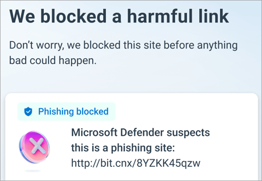 Microsoft Defender ha bloqueado un vínculo perjudicial en un dispositivo Android.