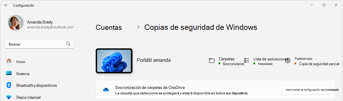 Captura de pantalla de Configuración que muestra el estado de copia de seguridad de Windows.