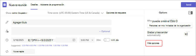 Captura de pantalla que muestra Más opciones resaltado al programar una reunión en Teams.