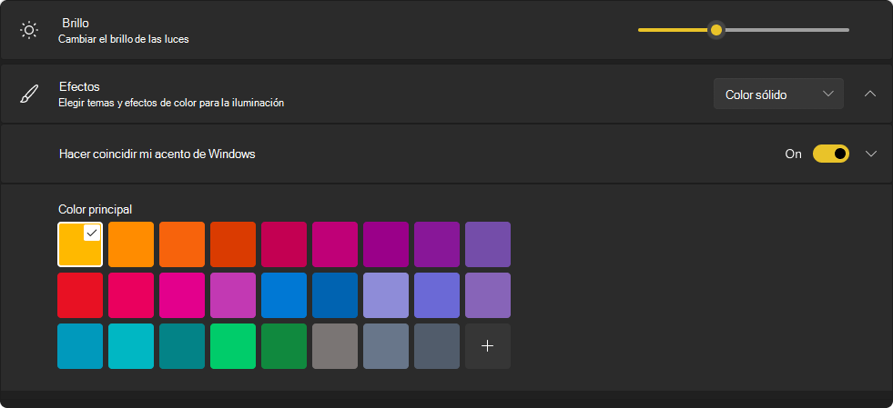 Captura de pantalla de Configuración: selección de color de iluminación dinámica.